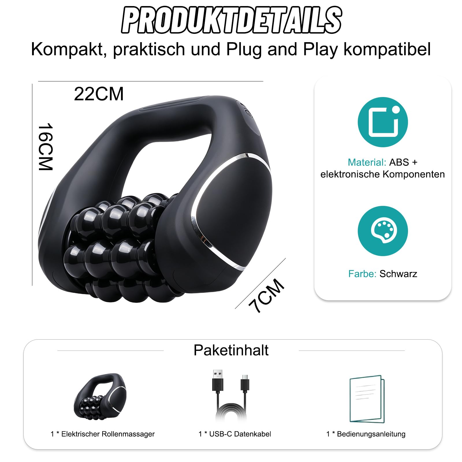 Massageroller Elektrisch Handmassagegerät,mit 9 Geschwindigkeitsstufen, 1200mAh Akku Massagegerät für Tiefengewebsmassage, Tragbarer Rollmassagegerät für Muskeln & Ganzkörperentspannung