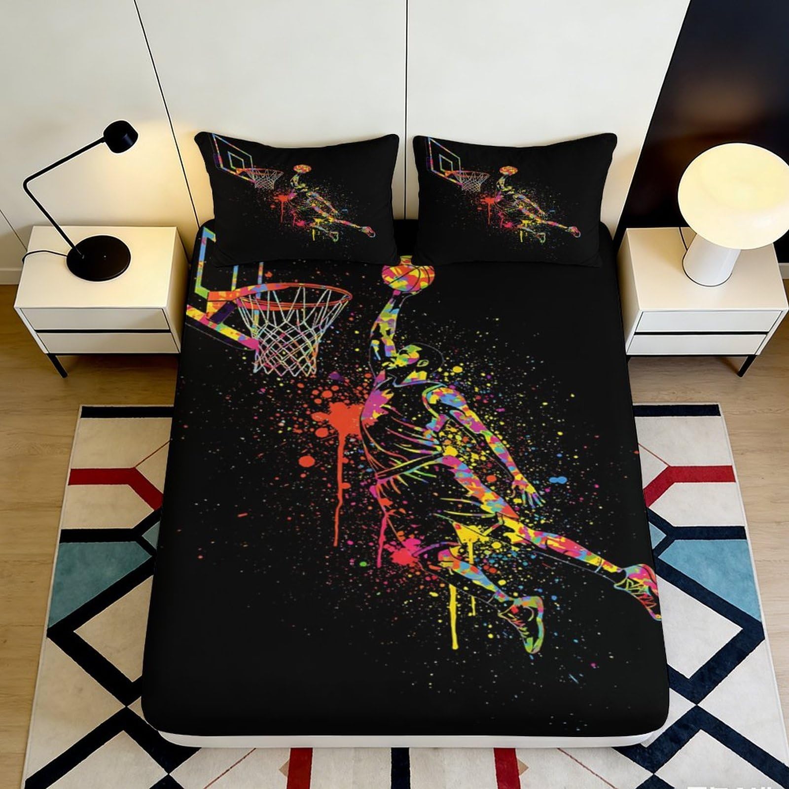 3D Printed Colour Splash Basketball Fitted Sheet Microfiber Soft Bed Sheet for Bedroom Dorm Mattress Decor 90x200x25cm