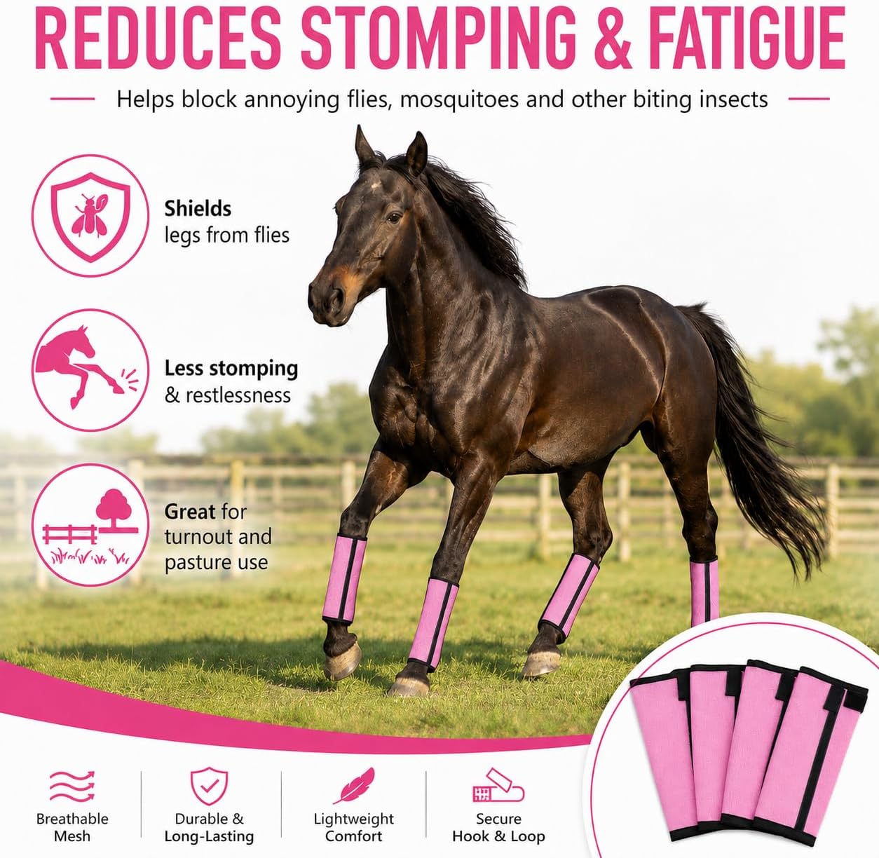 Fly Boots for Horses Set of 4 - Breathable Mesh Equine Leg Protection,Anti-Sag Stay-On Horse Fly Boots,Reduces Stomping & Fatigue,UV-Block, Adjustable Fit for Medium to Large Horses (Pink)