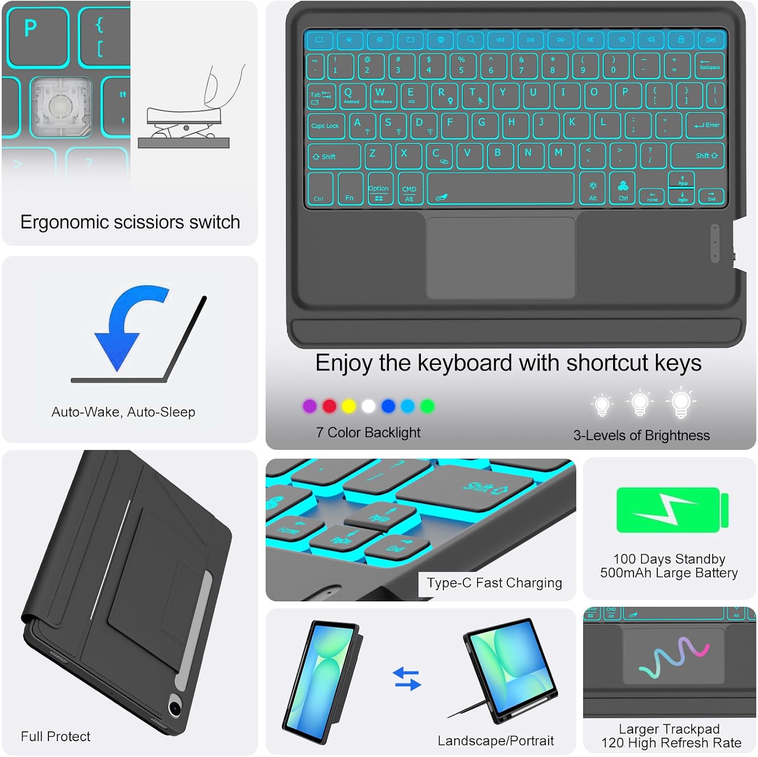Keyboard Case for Samsung Galaxy Tab A11+ Plus/A9+ Plus 11 Inch, 7 Colors Backlight Magnetic Detachable Touch Keyboard with Multi-Angle Kickstand, Cover with S-Pen Holder for Tab A9+ 2023/A11+ 2025