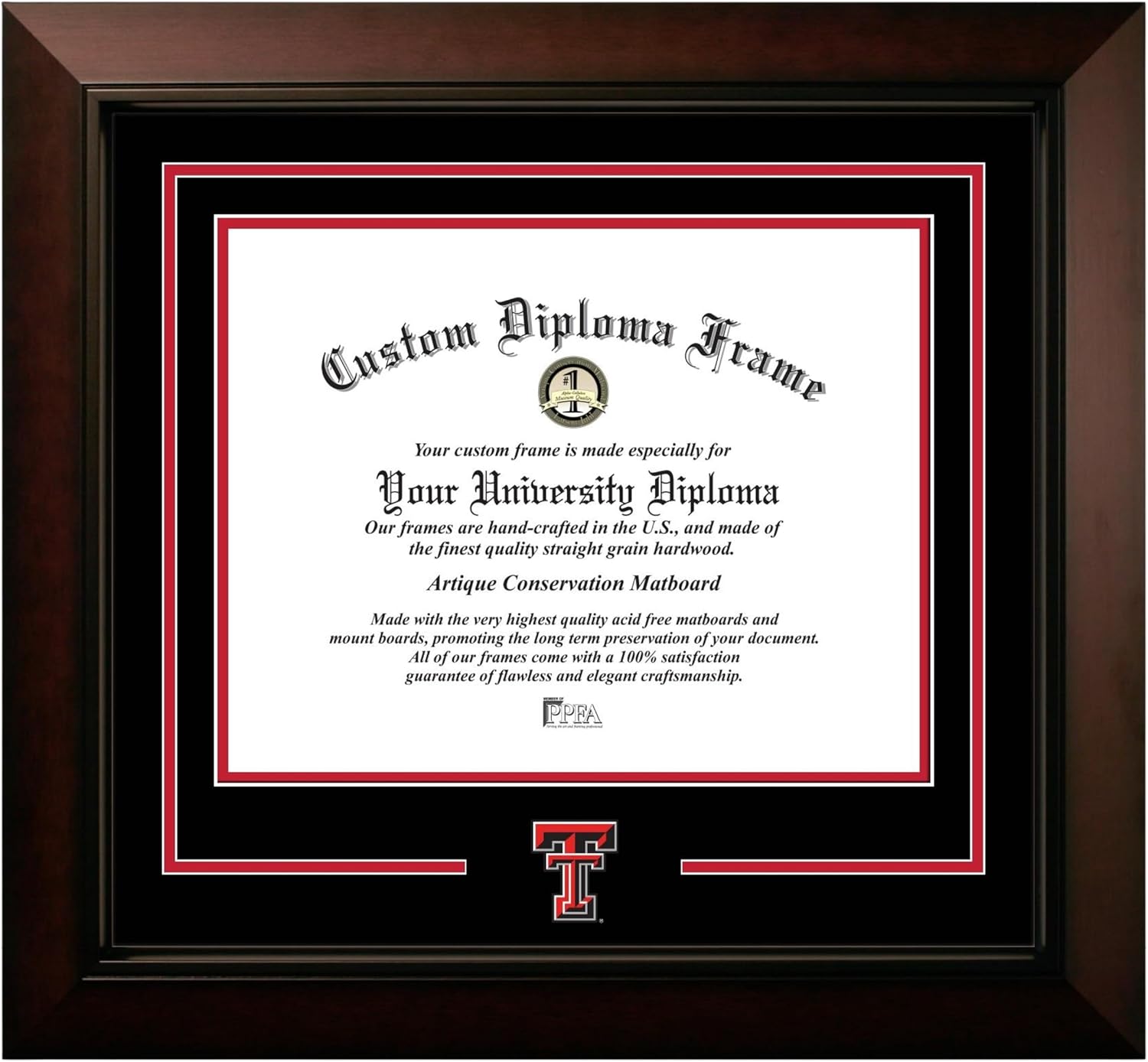 Campus Images Texas Tech University Diploma Frame – 11 x 14 Legacy Black Cherry – Printed Logo – Black & Red Mats
