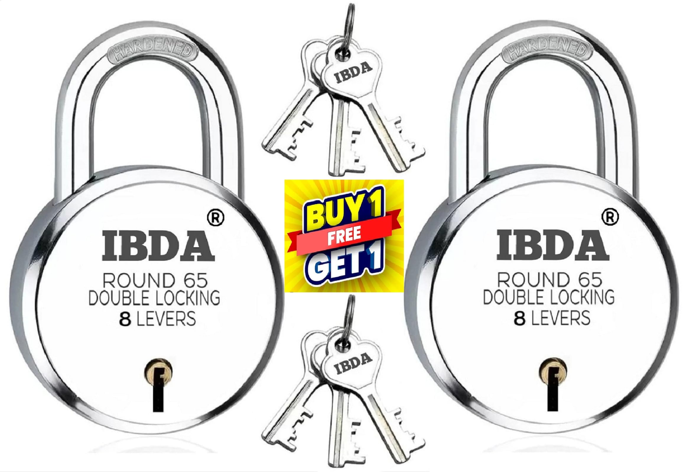 IBDA 65mm lock and key | double locking | 8 levers' technology | steel body padlock | lock for home, shutter, gate, door, kadi, channel, chain, shop, school, warehouse, outdoor, indoor | (BUY 1 GET 1)
