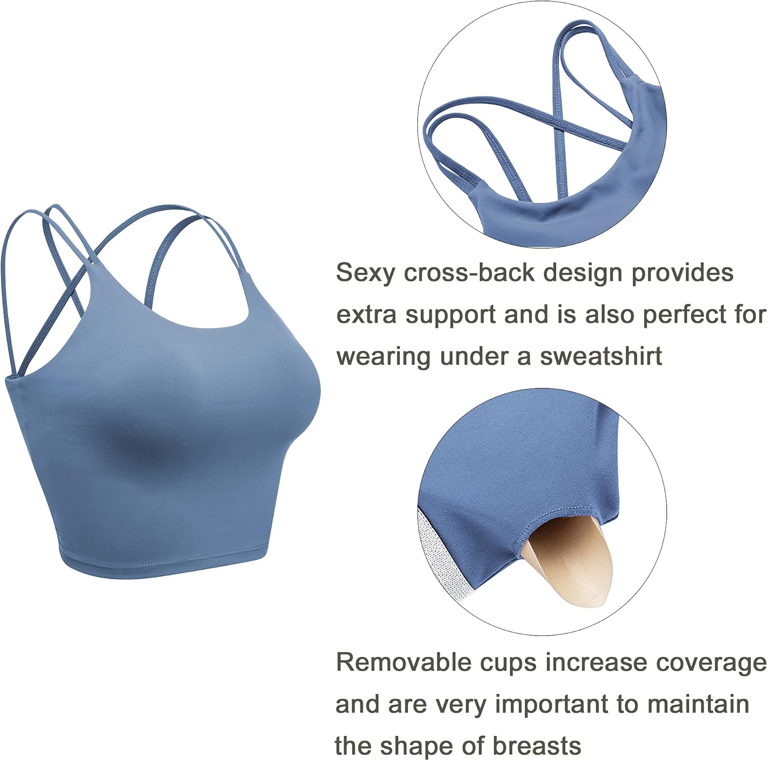 Vorcy Womens Padded Sports Bra Fitness Workout Running Camisole Crop Top with Built in Bra - Image 3