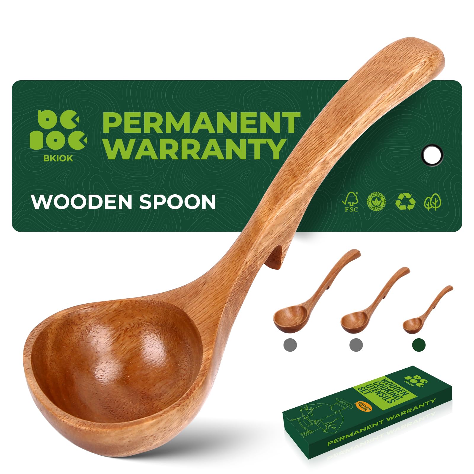 Bkiok Wooden Soup Ladle,Wooden Ladle for Cooking, Small Size Teak Wood Serving Spoon with Back Hooks Kitchen Utensils for Cooking Stirring Serving (7.6x2.4Inches)
