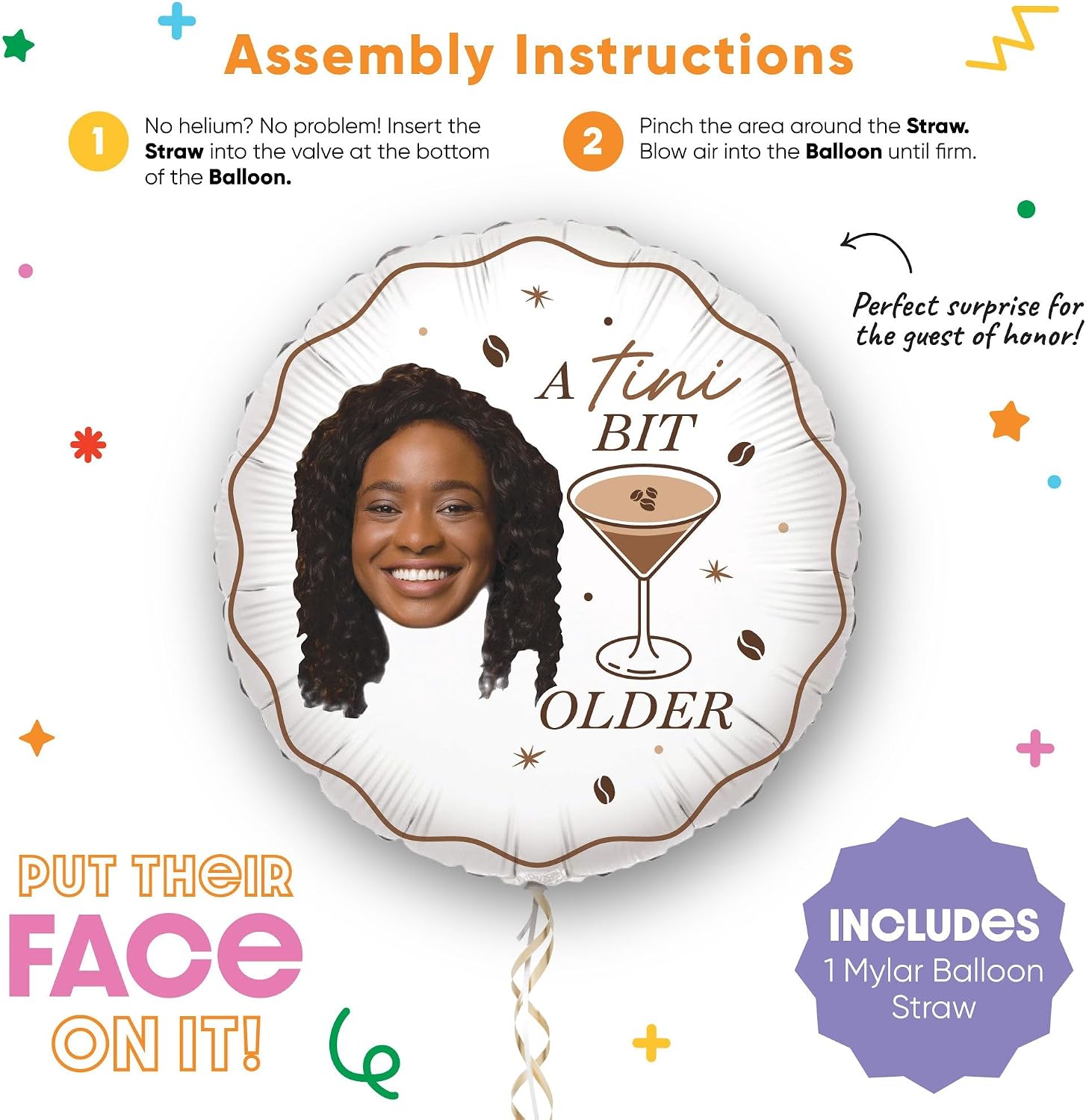 Big Dot of Happiness Personalized Espresso A Tini Bit Older Fun Face Photo Balloon, Coffee Martini and Cocktail Birthday Party Decoration, Custom Double-Sided Circle Mylar, 1 Piece