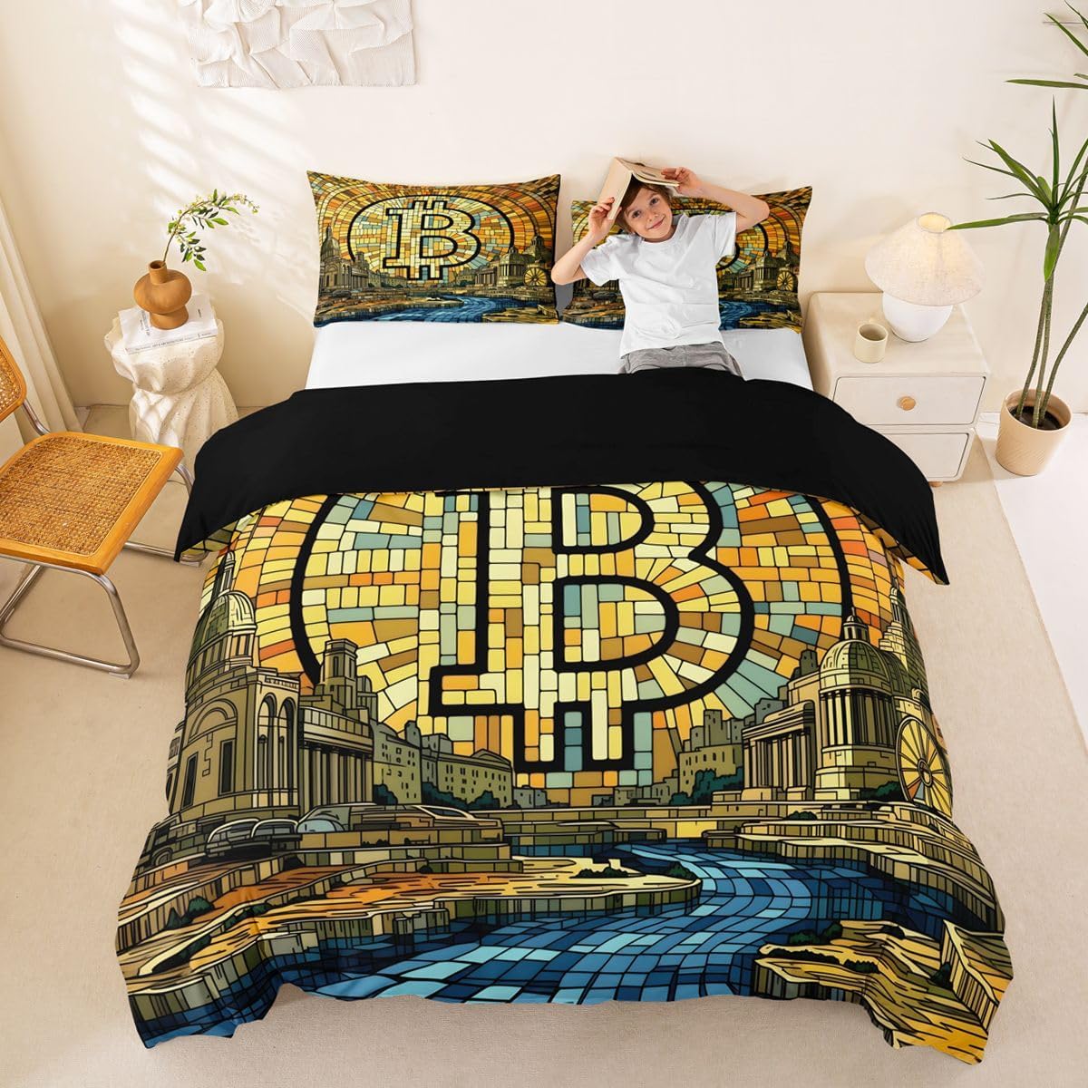 Castle Fairy Vintage Bitcoin Duvet Cover Set Twin Size,Bedding Sets 2Pcs