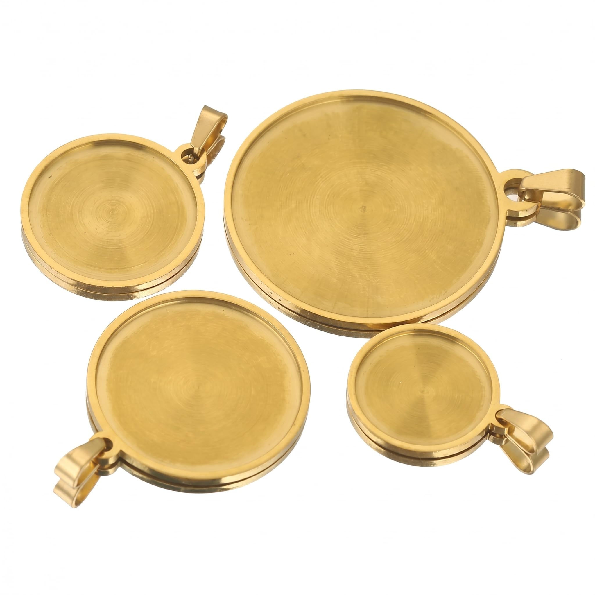 TPIONEER 5Pcs 18K Gold Plated Round Stainless Steel Cabochon Bezel Trays, Blank Pendant Settings & Charms for Jewelry