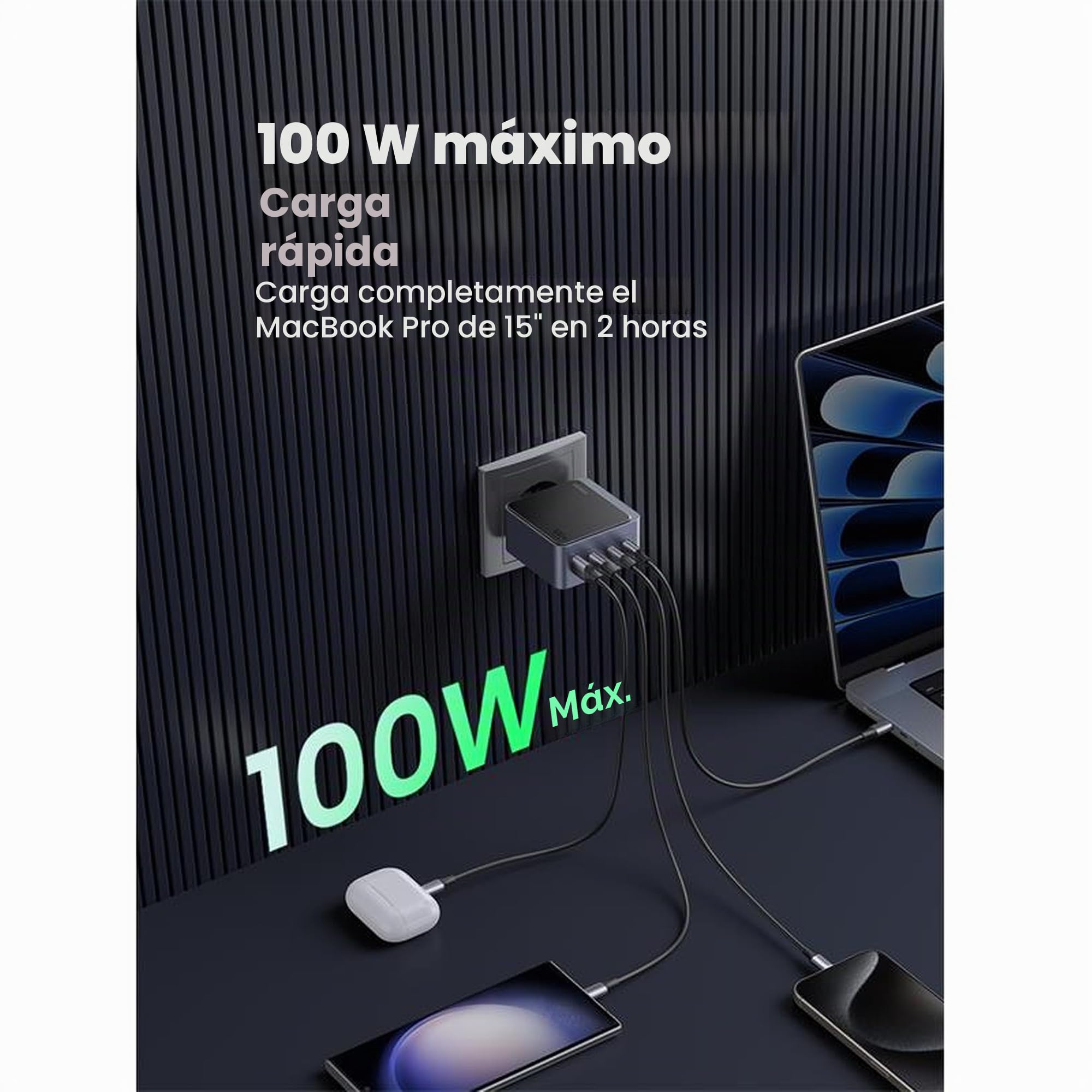 UGREEN Nexode S Cargador Rápido 100W GAN 3 Puertos USB-C + 1 Puerto USB-A PD3.0/QC Gris