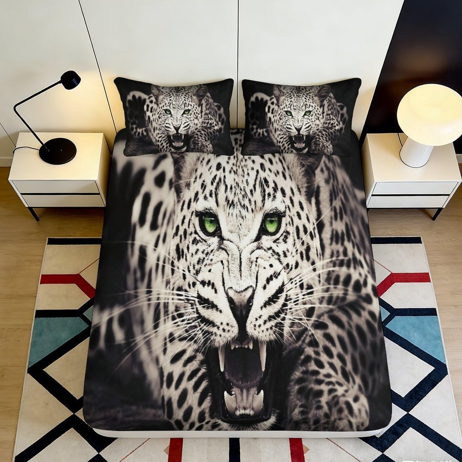 3D Printed Leopard Pattern Fitted Sheet Microfiber Soft Durable 3D Printed Roaring Leopard Bed Cover for Bedroom Dormitory Guest Room Mattress Protection 120x200x25cm