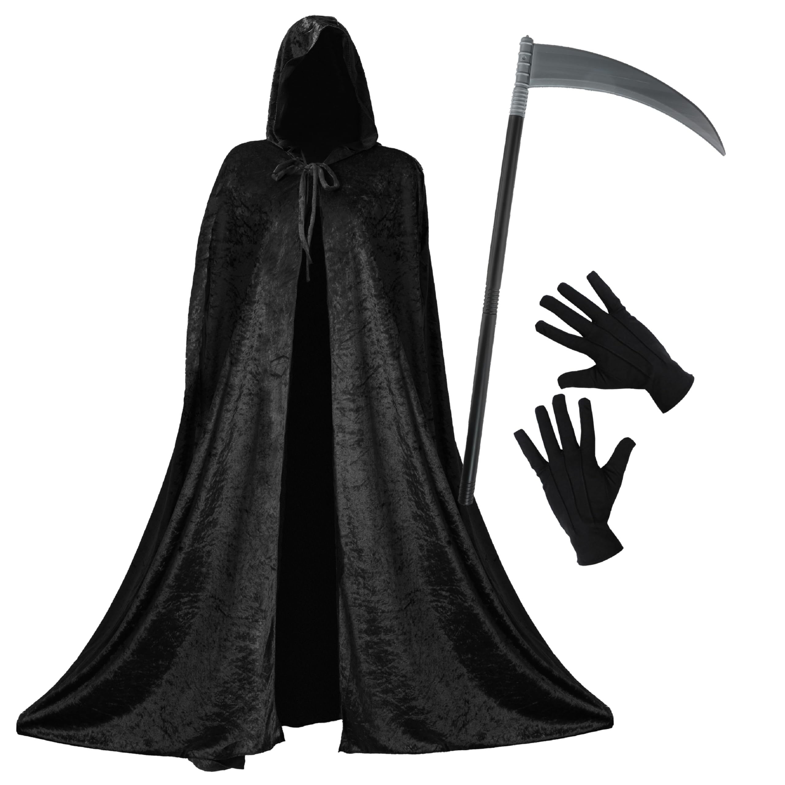 Adults Grim Reaper Halloween Fancy Dress Costume Set - Velvet Cape + Large Plastic Scythe & Black Gloves - Perfect For Halloween Party Fancy Dress (One Size Fits Most)
