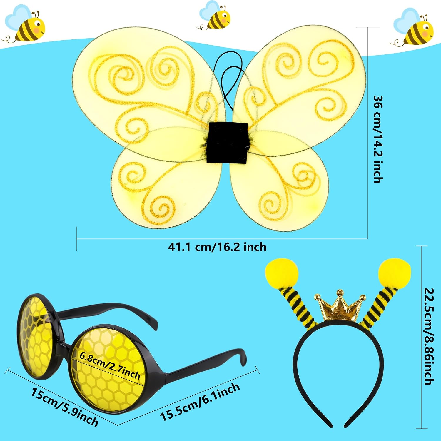 6 Pcs Bee Wings Set Bee Wings with Headband and Glasses Bee Costume Accessories for Kids Adult New Year Cosplay Props