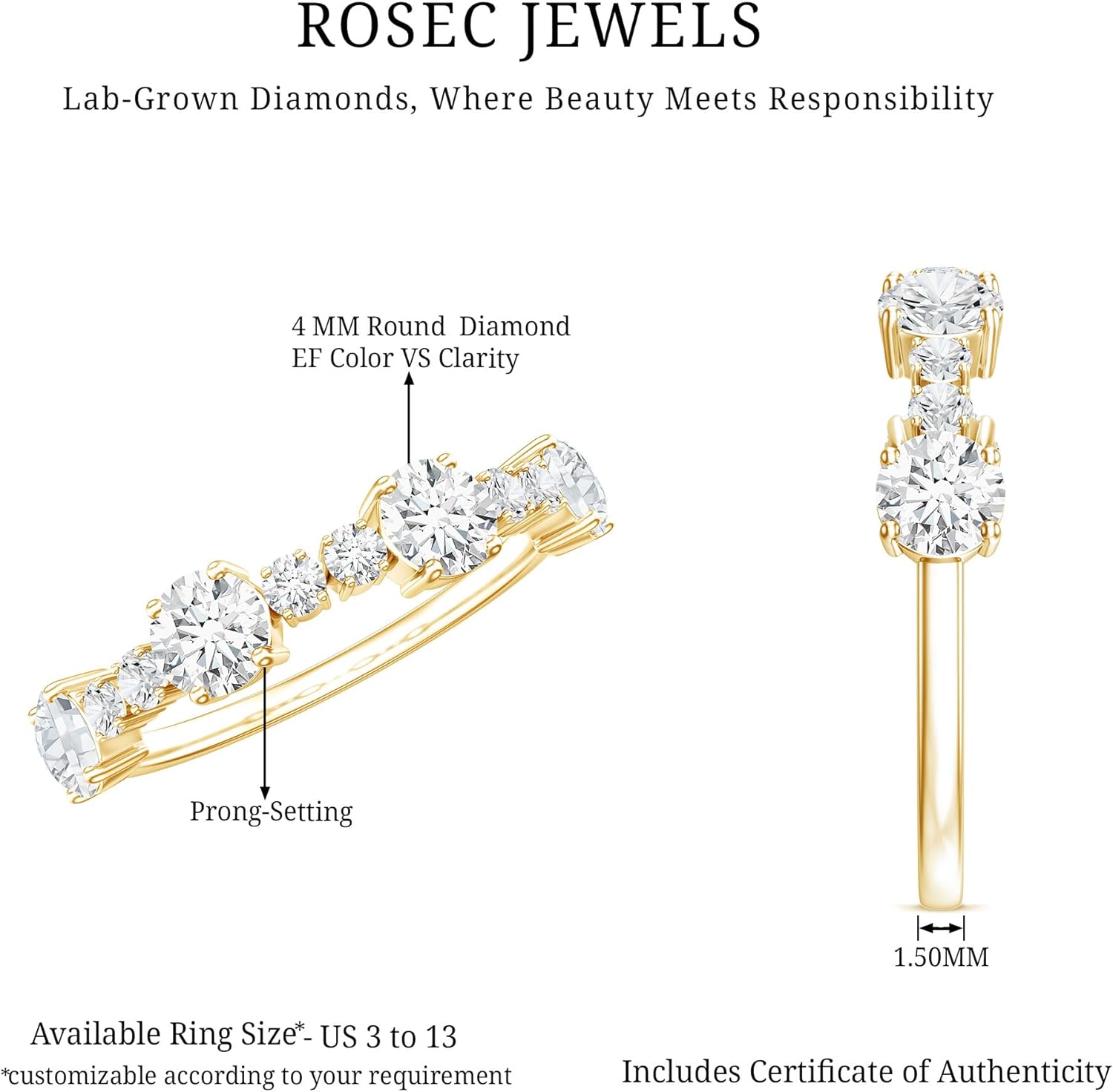 Diamond Wedding Band for Women, Ef-Vs Quality, Certified Lab Grown Diamond Eternity Ring - With Jewelry Box