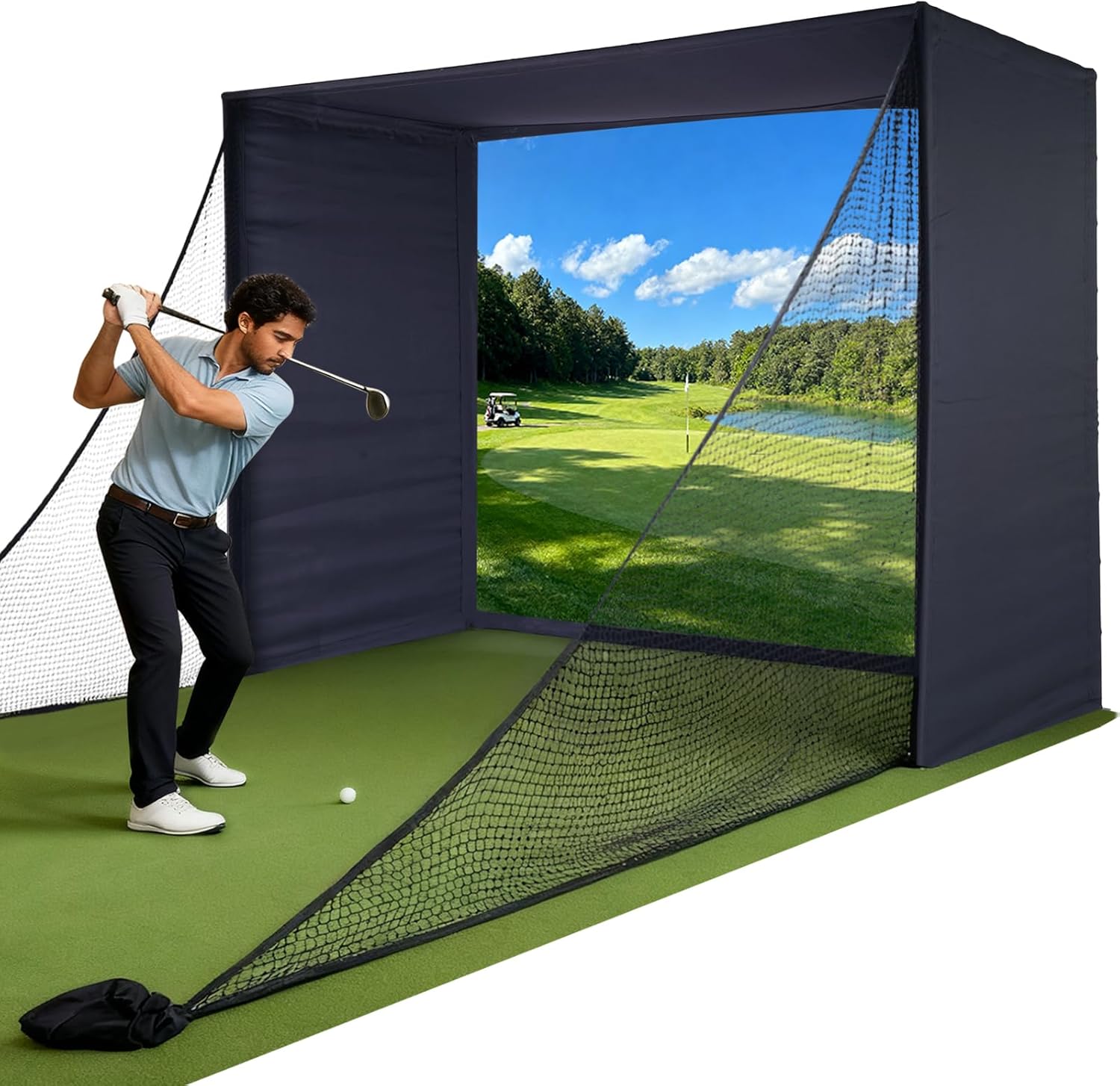 Golf Simulator Enclosure with Double-Layer Silent HD Impact Screen & Side Barriers,10×8 ft Indoor Golf Hitting Cage with φ32mm Heavy Duty Stainless Steel Frame, Golf Practice Kit for Garage & Home Use