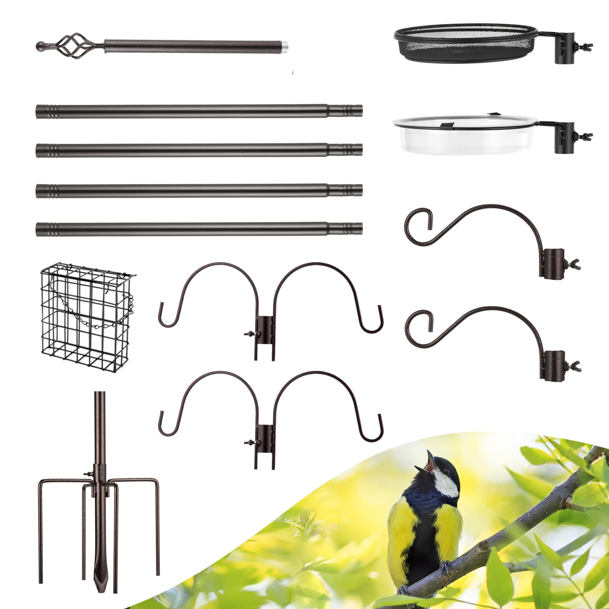 Asta in Metallo sospesa Ganci Multipli Stazione di Alimentazione mangiatoie, Vassoio Bagno, mangiatoia Semi con Gabbia sugna - Supporto per Uccelli da Giardino
