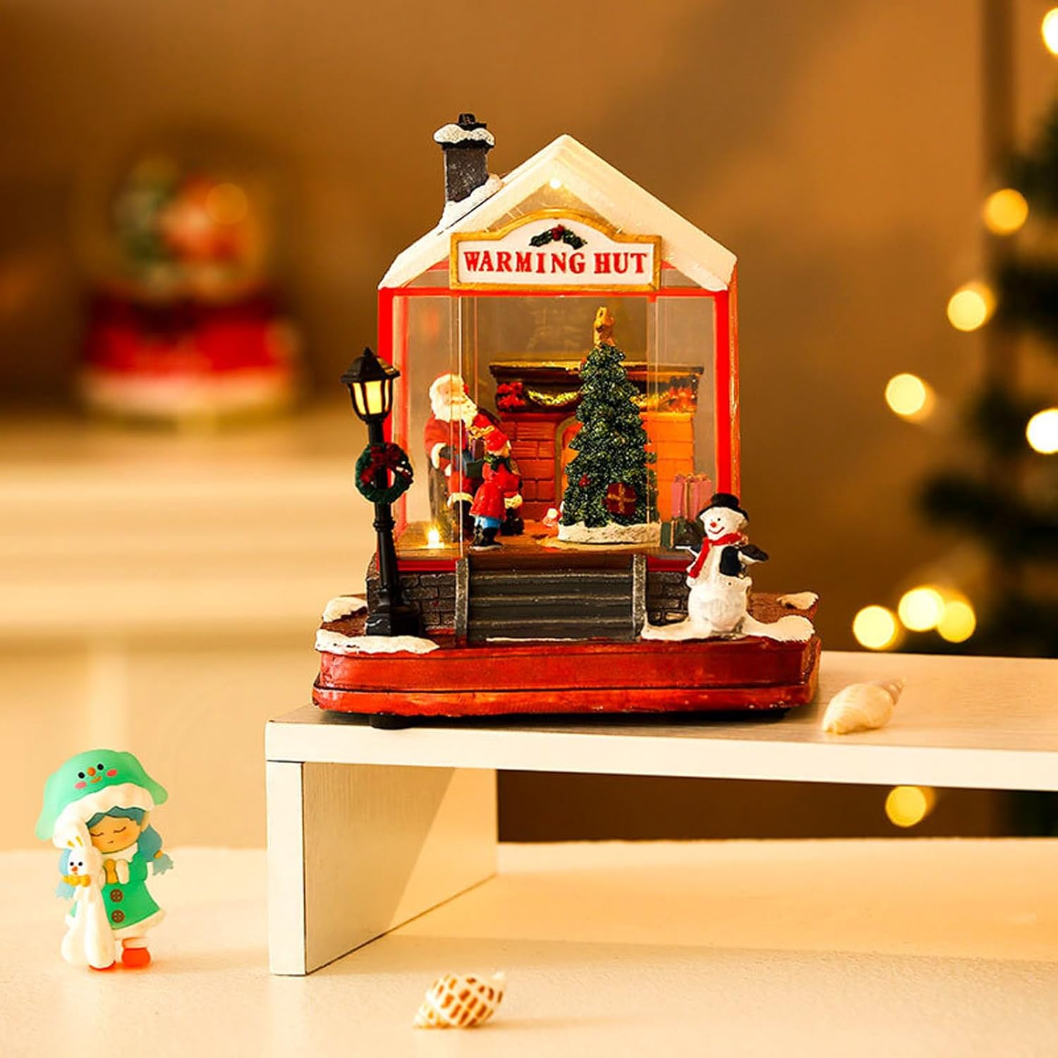 Handcraft Christmas House Collectible with Rotating Train and Musical Wind Players USB Battery for Display Collectable Decor Building