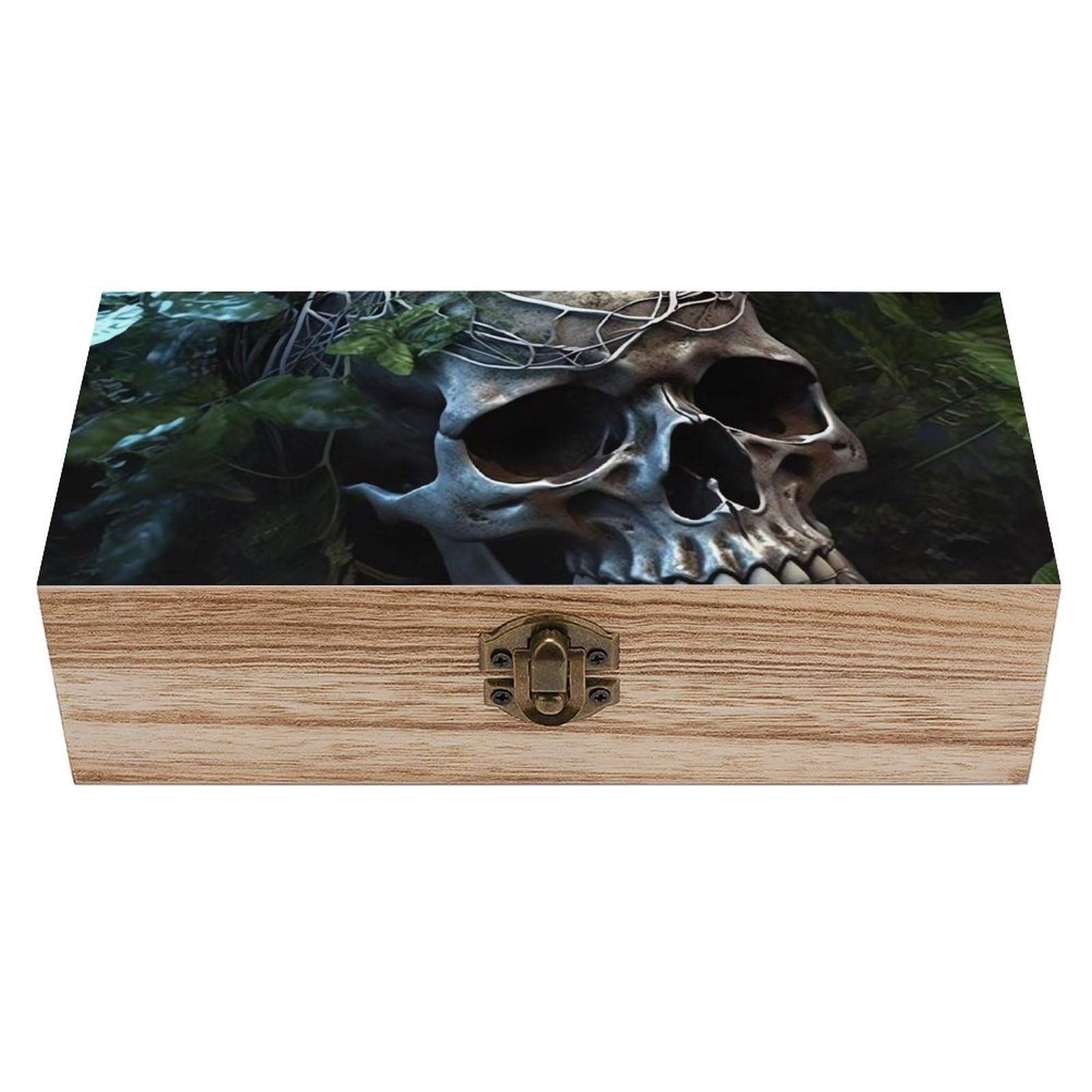 Boîte de rangement en bois avec couvercle déco feuilles vertes et tête de mort