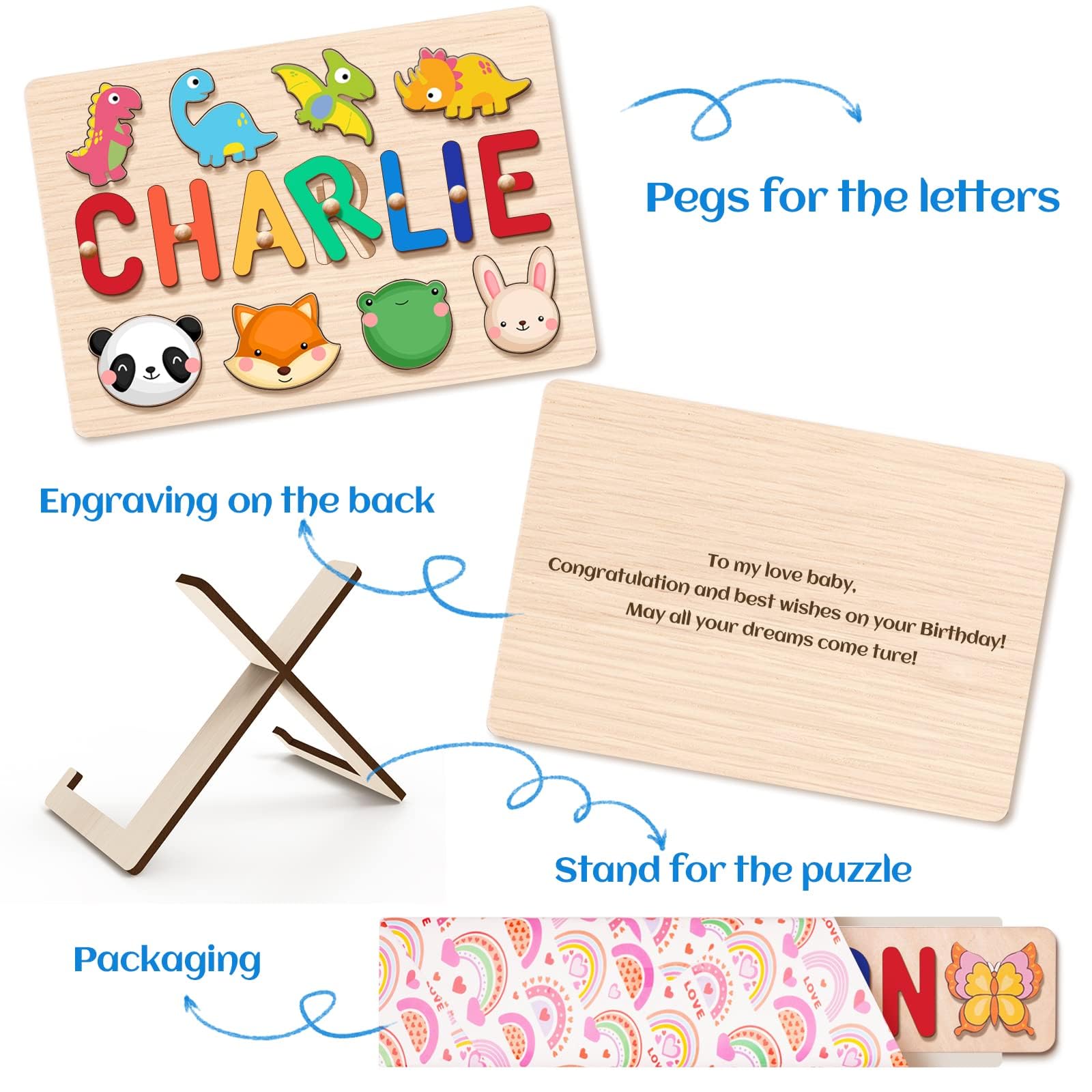 Personalized Wooden Name Puzzle For Kids - Custom Baby Gift With Pegs, Animal Theme, Educational Toddler Toy