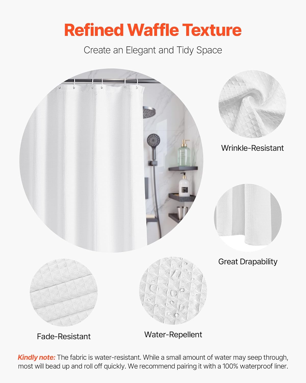 VEVOR White Fabric Shower Curtain, 240 GSM Weighted Waffle Shower Curtains, Polyester Curtain with Rust-Resistant Hooks, Machine Washable & Water Repellent, for Bathroom Showers, Bath Tubs, 72x72 in