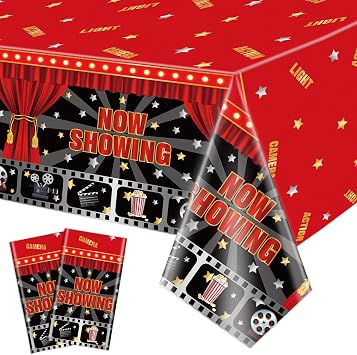 2 Pack Now Showing Tablecloths for Movie Night Theater Red Carpet Birthday Party Decorations Supplies, 51x87 Plastic Disposable Rectangle Movie Themed Party Table Covers