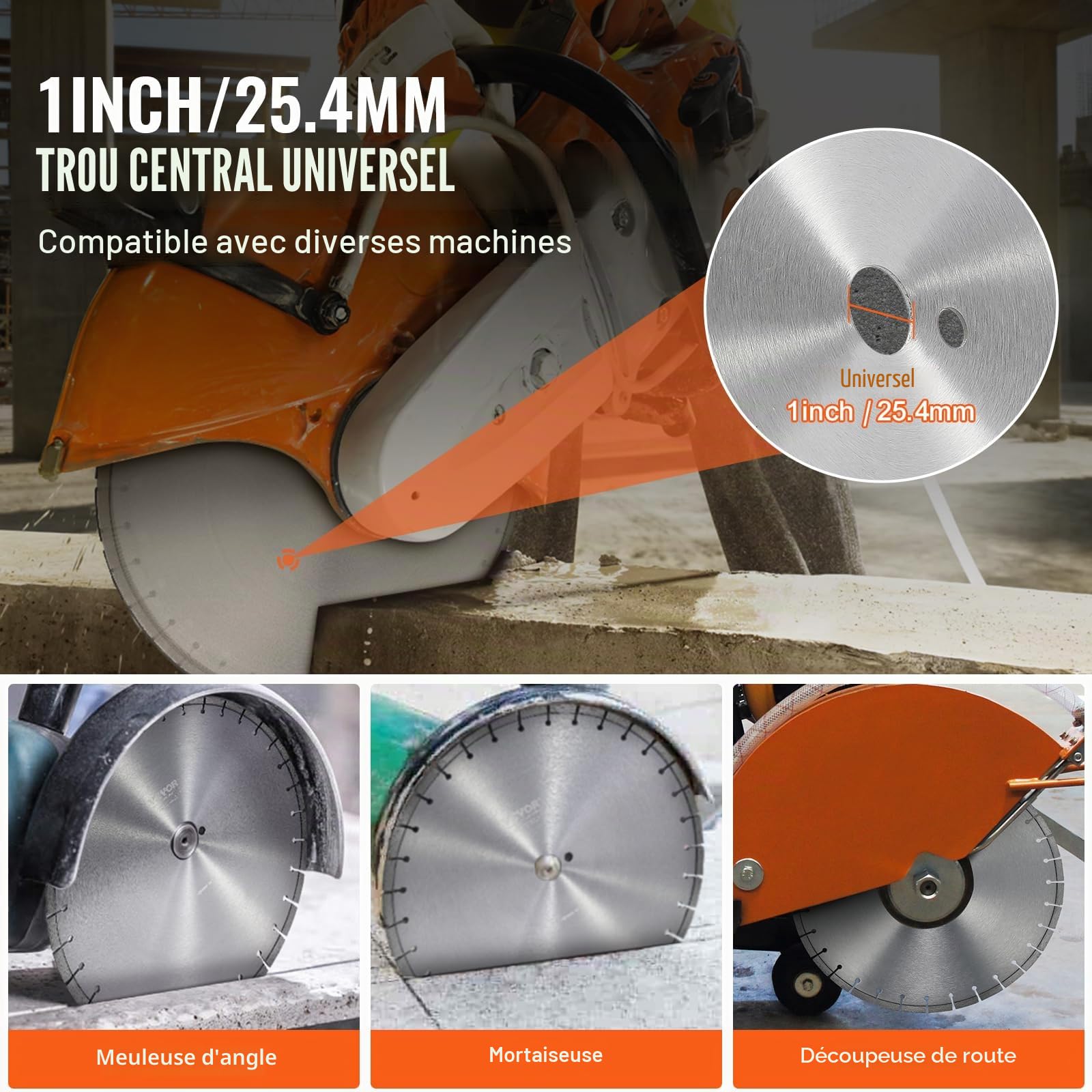 VEVOR Disque à Tronçonner Diamanté 350 mm, Disque Diamant Humide ou Sèche, Lame de Scie à Béton avec Dents Plates de 10 mm, Diamètre du Trou Central Universel 25,4 mm, pour Béton, Carrelage, Brique