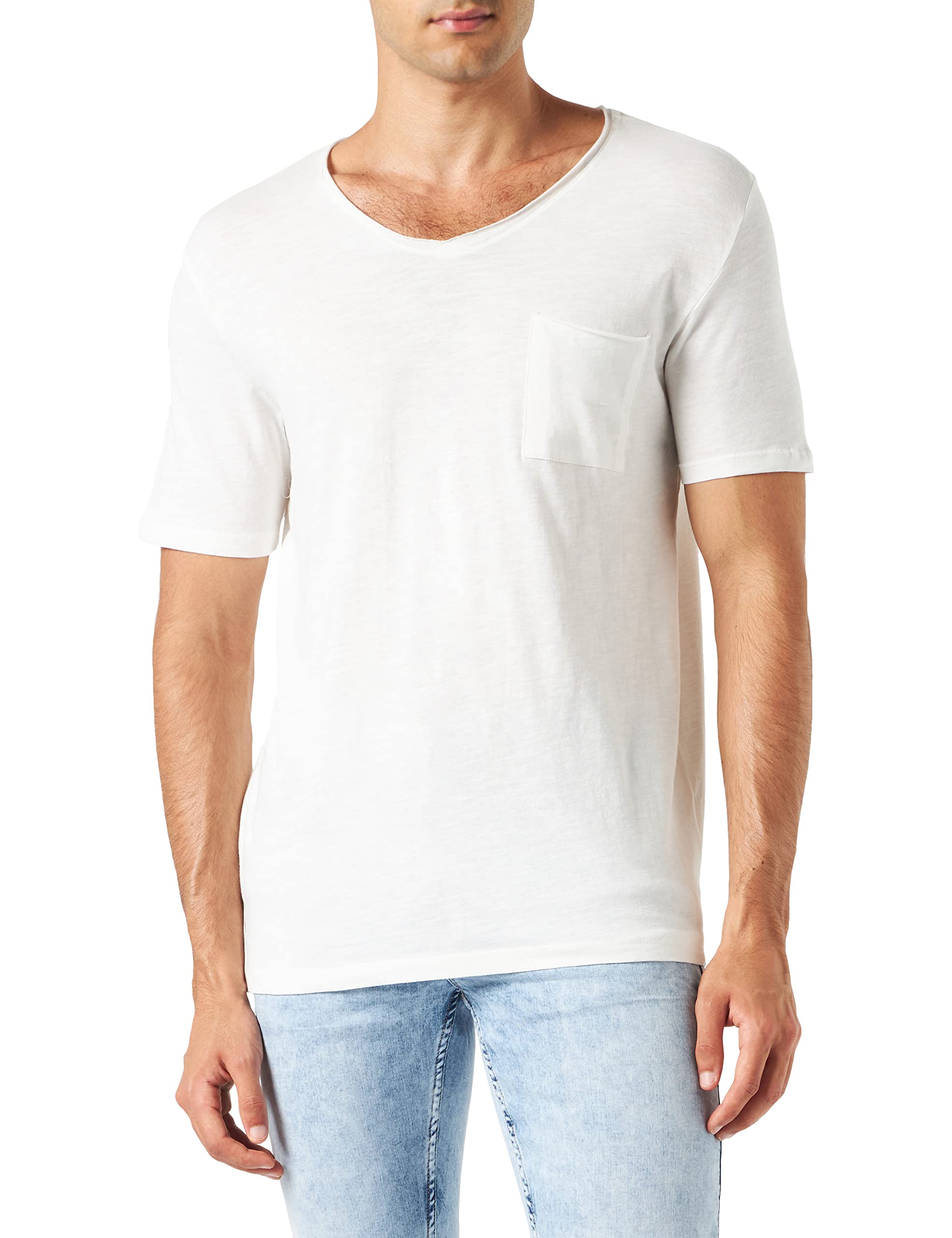 Koton Men's Basic V Neck Pocket Detailed Short Sleeve T-Shirt, Ecru (010), L