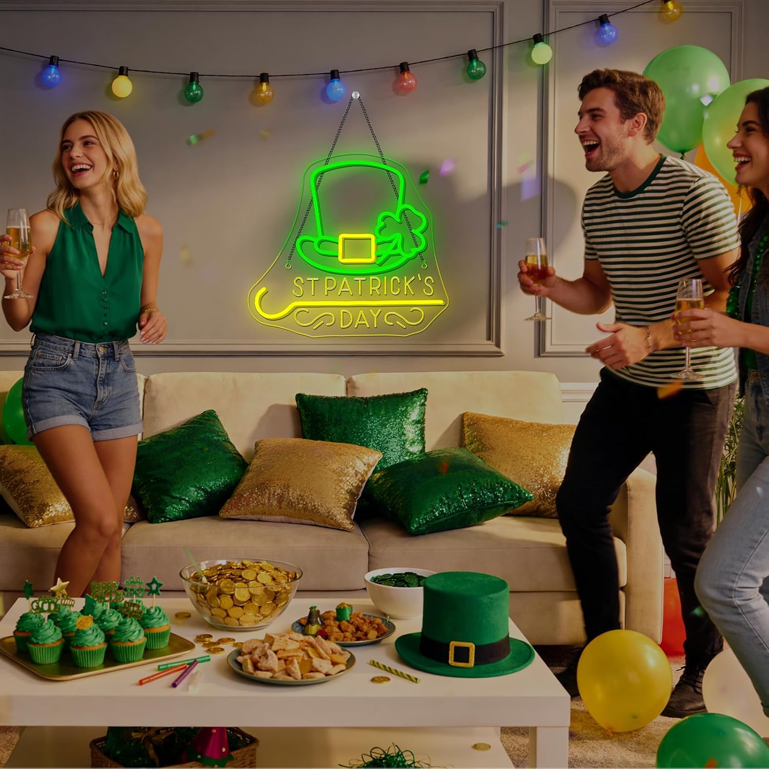 Horseneon St Patricks Day Neon Sign Shamrock Neon Light LED Signs St Patricks Day Decorations Dimmable Green Gold Colors for Wall Art Bedroom Living Room Home Bar Decor