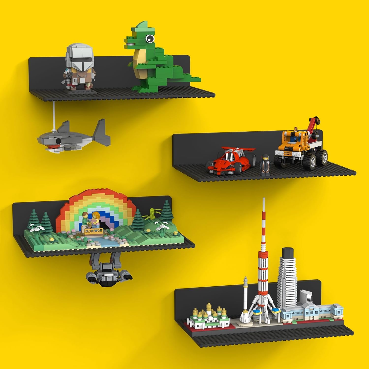 BlissBox 4-Pack Large Display Shelves for Wall Compatible with Lego Building Bricks, 11.3x6.3inch Dual-Sided 36x20 Studs for Brick Display and Storage, for Medium & Large Brick Builds, Black