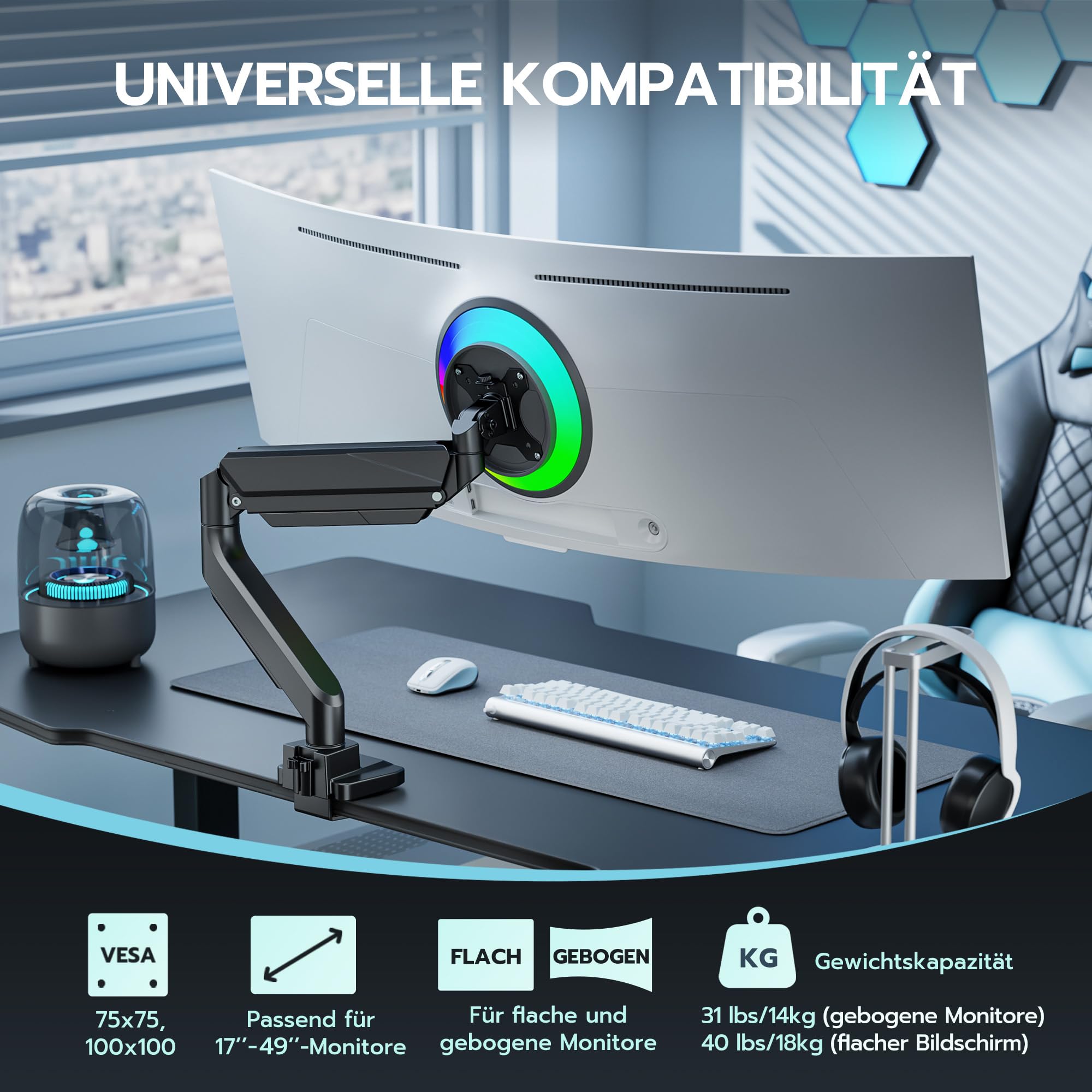 ARES WING Monitor Halterung für 17"-49" Flach Curved Bildschirm, Höhenverstellbar Bildschirmhalterung, Einzel Monitor Arm Traglast Max 18 kg, 75/100mm Vesa Halterung, Tischhalterung,Schwarz