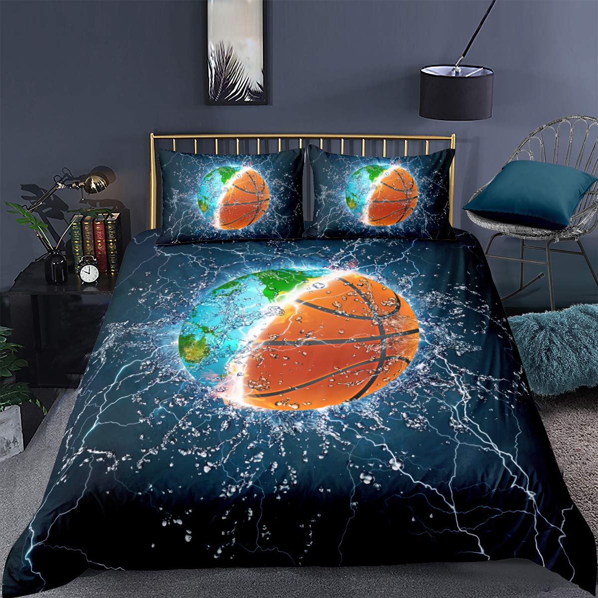 Andrui Juego de Cama 3D Baloncesto Estilo Deportivo Los Hombres Niño Super Comodo Suave Impresión de Basketball Funda Nórdica Ropa de Cama (Bleu Marin-Eau, 150×220cm (para Cama de 90))