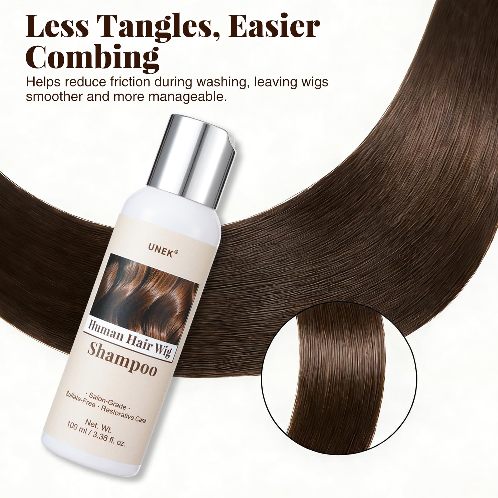 UNEK Champú para extensiones y pelucas de cabello natural: limpia, desenreda y suaviza, aporta brillo y volumen con sensación refrescante, para pelucas, extensiones, uniones y tupés, 100 ml