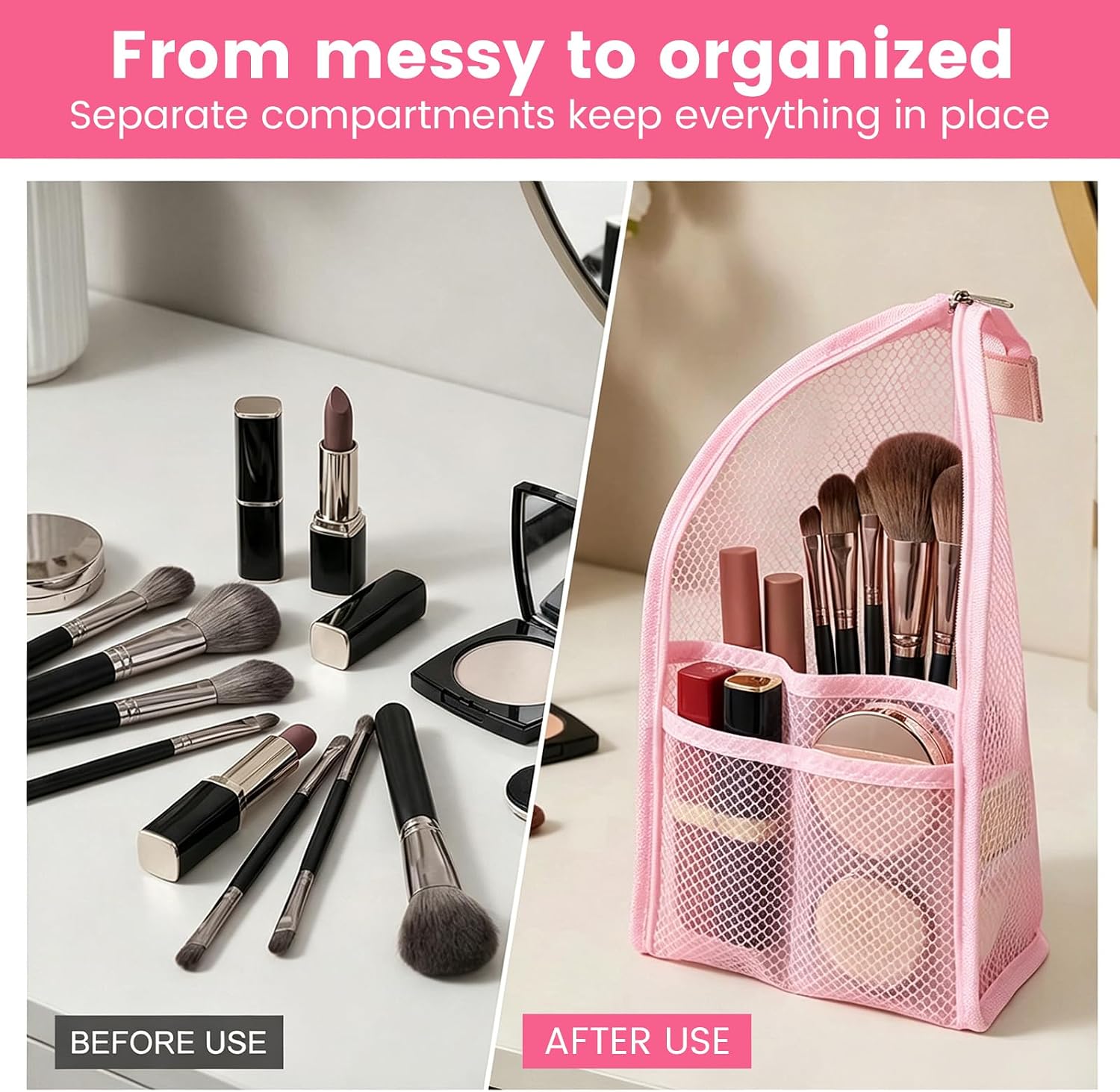 5Pcs Standing Toiletry Bag for Travel, Foldable Lightweight Hanging Travel Cosmetic Bag with 3Pcs Bottles and 1Pc Funnel, Mesh Waterproof Cosmetic Organizer Storage for Women Men(Pink)