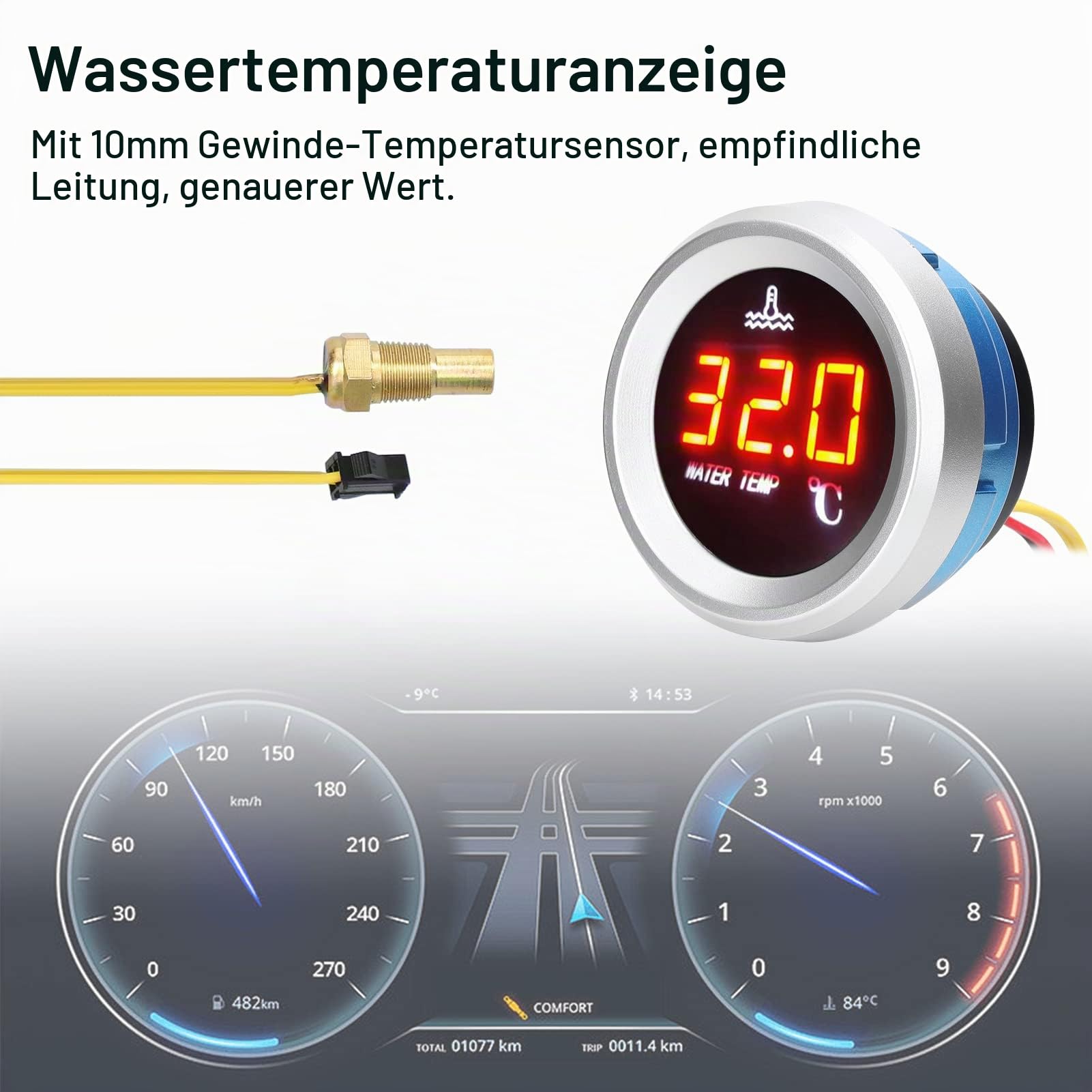9V-36V 52mm Wassertemperaturanzeige, Digitales Automessgerät, LED-Anzeige Kfz-Messgerät mit Alarmfunktion und Temperatursensor, Digitalanzeige mit Sensor für Autos