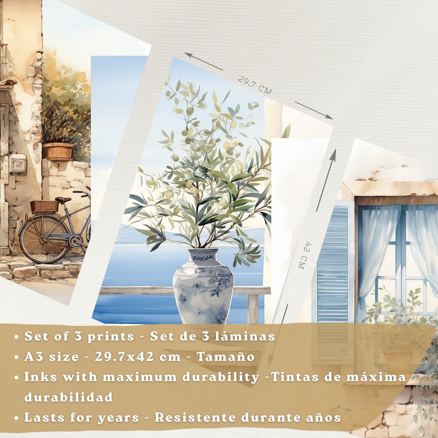 Nacnic Set De 3 Laminas Decorativas Pared Maritimo, Relax. Cuadros Salon Modernos - Posters Decorativos Azules En Acuarela. Mediterraneo. Decoración Dormitorios. A3 Marco Madera Clara