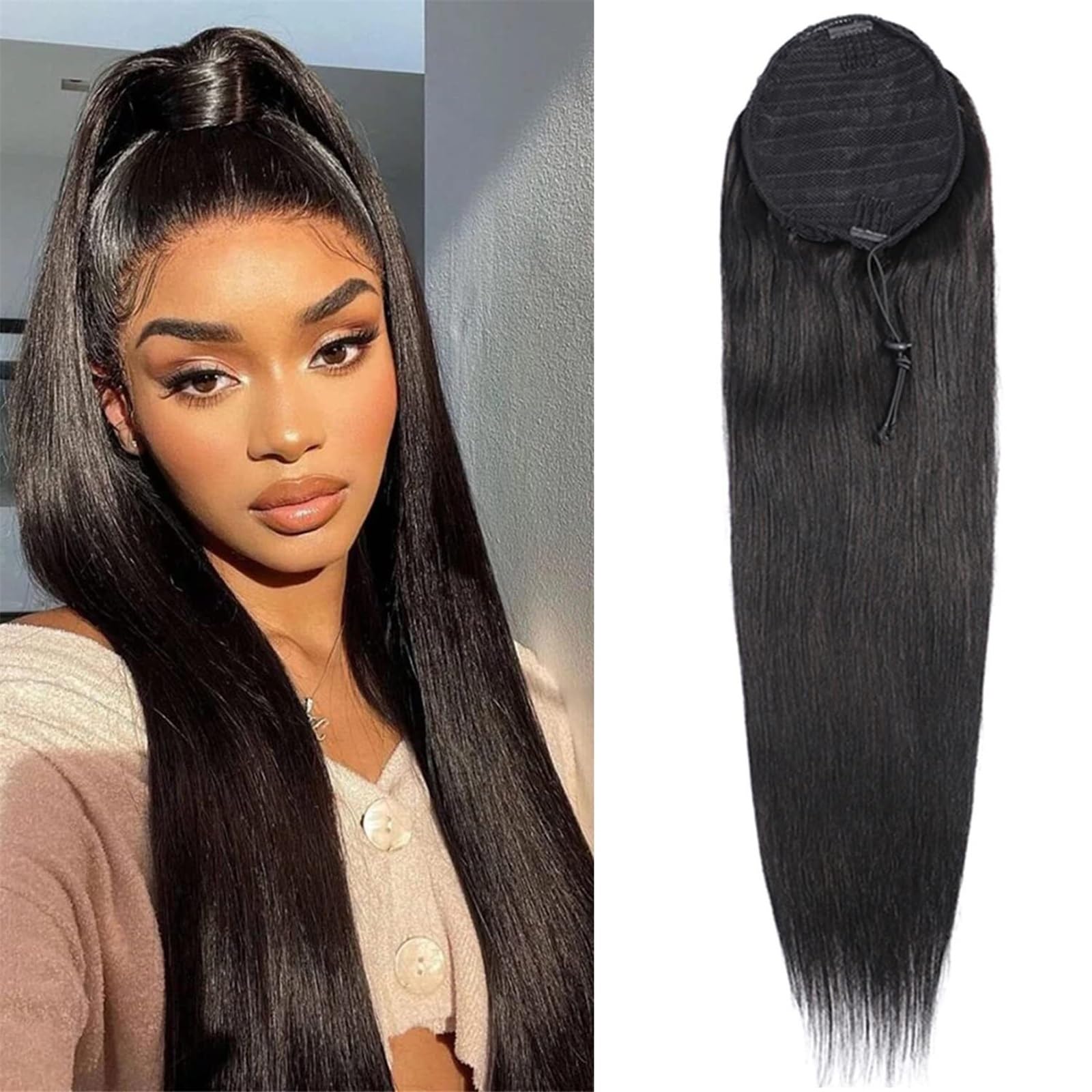 Postiche Extension queue de cheval en cheveux humains brésiliens longs et lisses, 100% Remy Hair, avec cordon serrage, #1B Naturel(22inches)