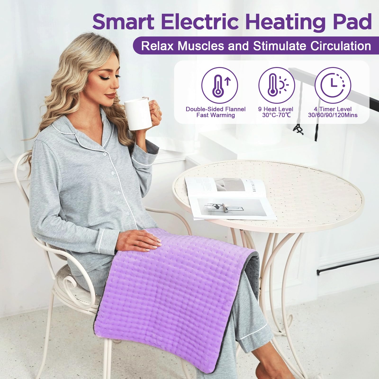 Dechoga Tappetino riscaldante in flanella a doppio strato, regolatore di temperatura a 9 passaggi e 4 timer, lavabile in macchina, morbido e pro-pelle, per collo, spalle, schiena e addome