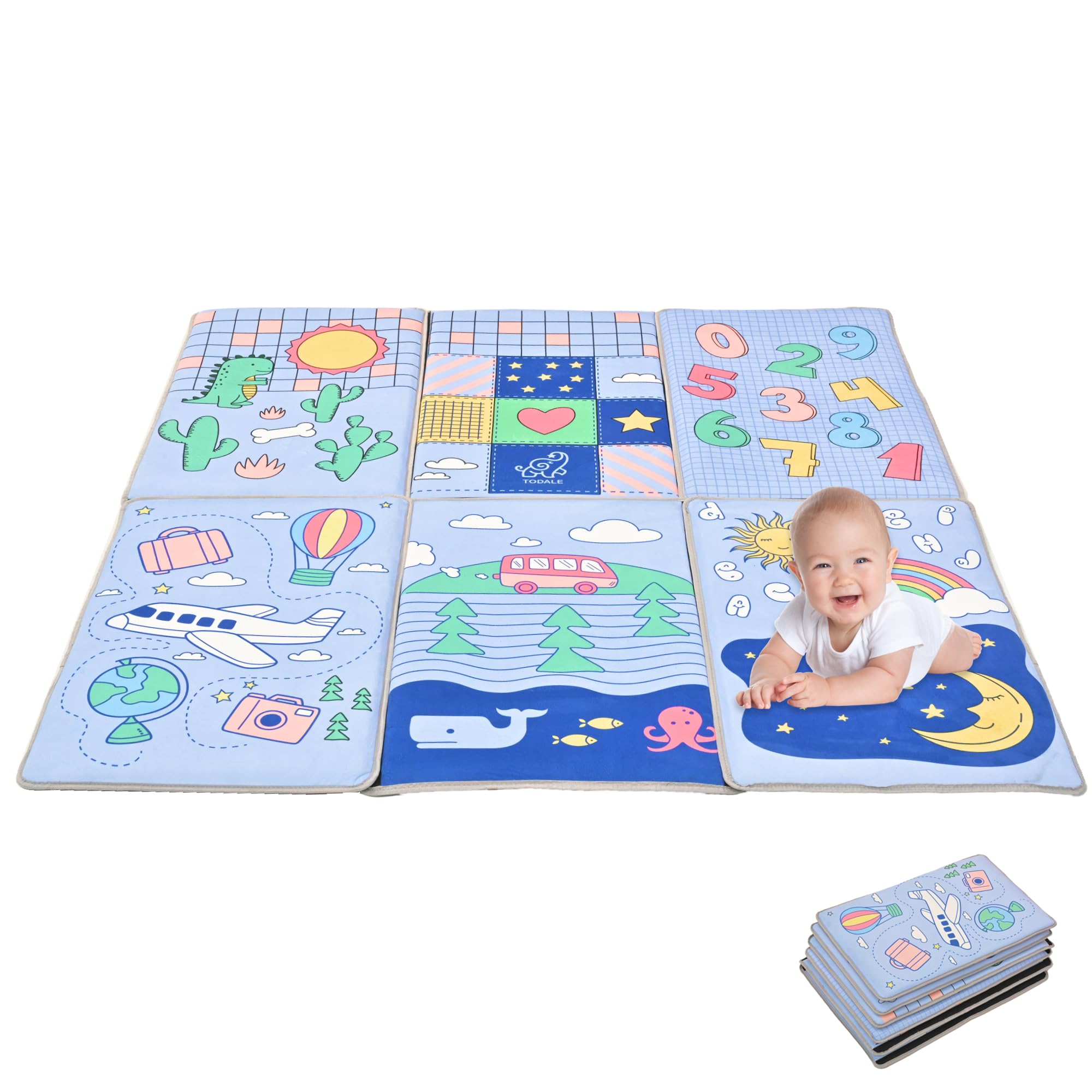 Todale Educational Baby Play Mat, 50x50 Tummy Time Mat for Baby Playpen, Portable Baby Mat for Floor, Non-Slip & Thick Playmat, Cushioned Baby Activity Mat, Multicolor with Animals, Shapes & Numbers
