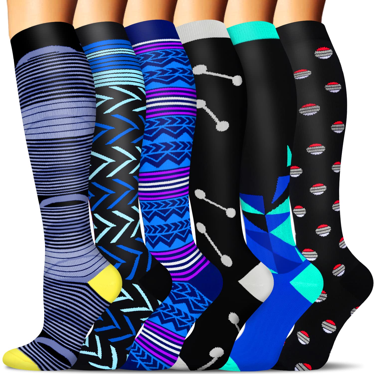SunFeeling 6 Pairs Compression Socks for Women & Men Circulation - Best Support for Nurses,Running,Athletic,Sports