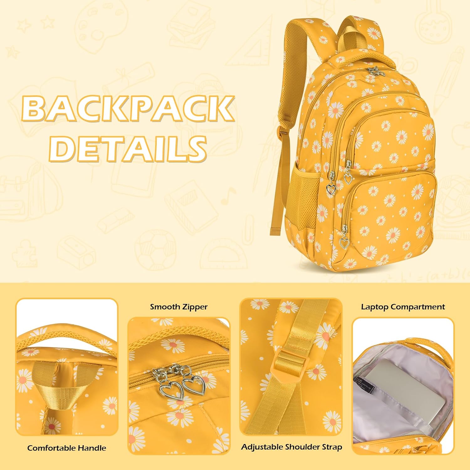 Glodwheat Daisy Printed Backpack For Girls- 3Pc Set With Lunch Box & Pencil Case, Lightweight Water-Resistant Bookbag For Elementary School