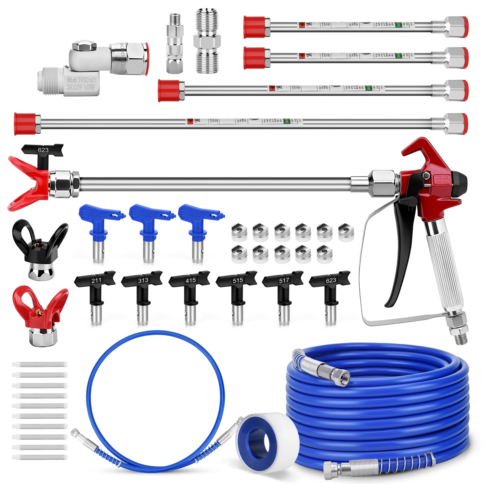 32 pièces Airless Paint Gun Kit, avec 3600 PSI Paint Gun, Tuyau Haute Pression, Buses de pulvérisation réversibles, Tige d'extension, filtres, siège de buse, etc.