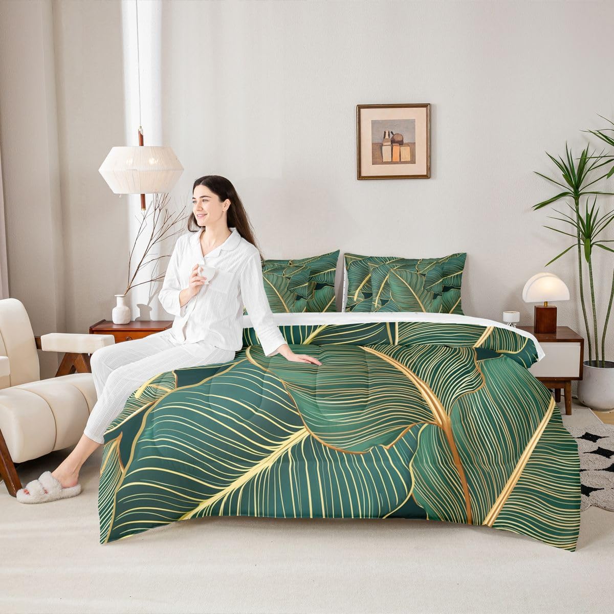 Feelyou Kids Palm Leaves Comforter Set Full Size 7 Pieces Comforters Tropical Palm Tree Print Bedding Set Botanical Nature Bed in a Bag with Comforter, Sheets, Pillowcases & Cushion Covers