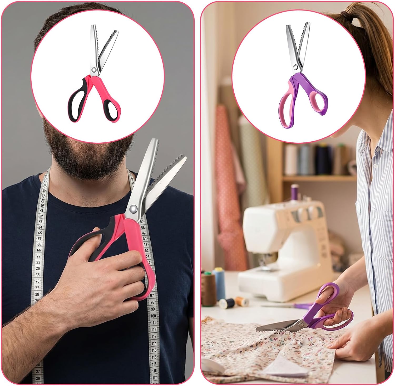 4PCS Pinking Shears Scissors for Fabric, 5mm Scalloped & Zig Zag Sewing Scissors Set, Professional Dressmaking Craft Scissor for Fabric Cutting (Pink Black & Purple Pink Handles)