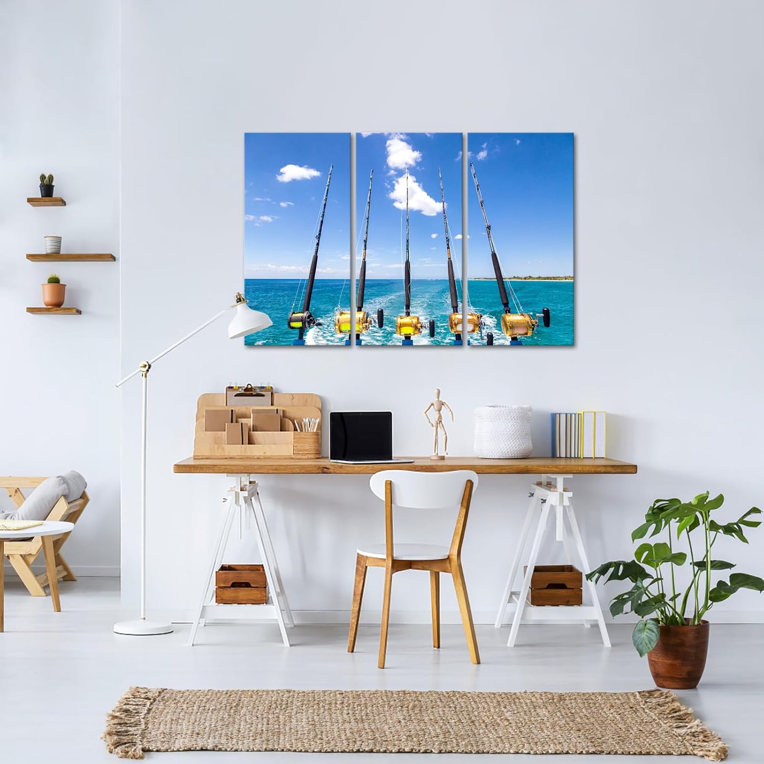 KREATIVE ARTS 3 Pieces Large Canvas Wall Art Row of Five Fishing Rod and Reel Pictures Blue Seascape Wall Paintings for Living Room Bedroom Fishing Tackle Artwork Home Decor Each 16x32 Inches