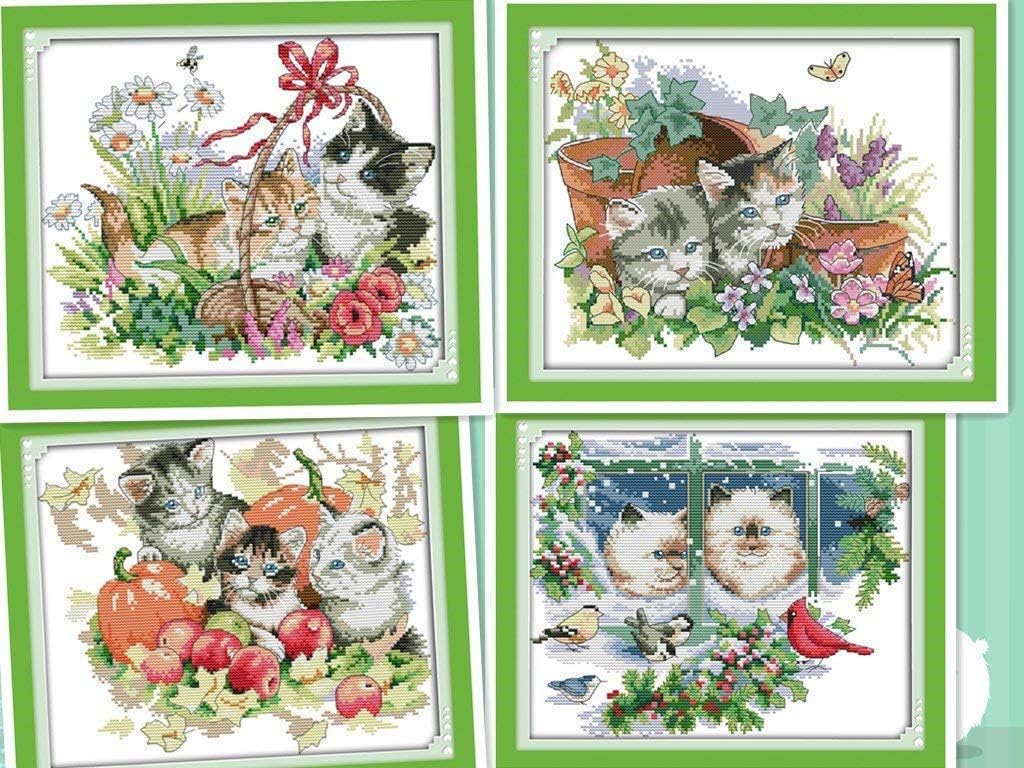 Happy Forever Cross Stitch Kits 11CT Stamped Patterns for Kids and Adults, Preprinted Embroidery kit for Beginner, Animals Cat 3 (D304 Kitten with Poppies, Size 10''x13'')