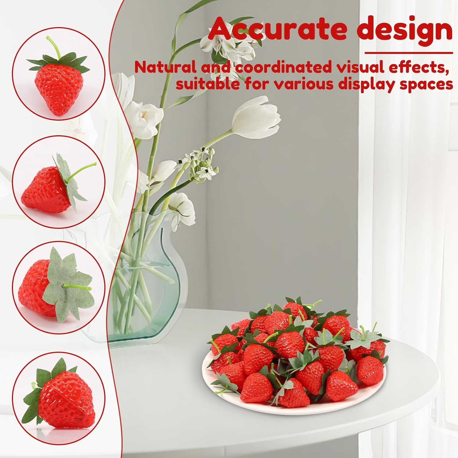 50Pcs Artificial Red Strawberries, Fake Plastic Strawberry, Faux Fruit for Cake Decoration, Simulation Fruit Set, Party Chirstmas Decortion for Home Kitchen Festival Party Photography Cake