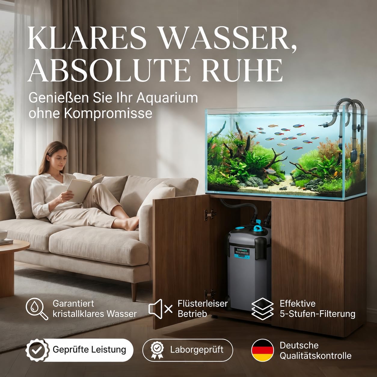 Aquarium Außenfilter für 100-300L - Filter Aquarium für salz- & süßwasser Aquarium - Außenfilter Aquarium 1000L/H für kristallklares Wasser - leise Pumpe inkl. Filtermedien