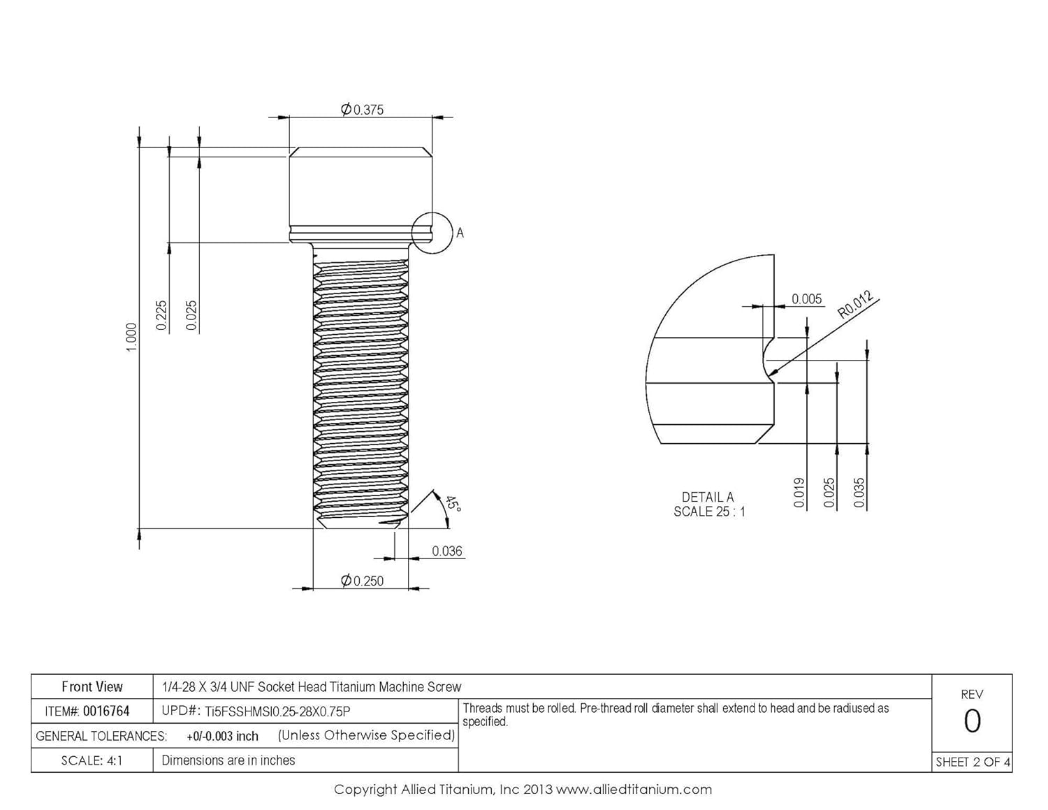 0016764, (Pack of 10) 1/4-28 X 3/4 UNF Socket Head Machine Screw, Grade 5 (Ti-6Al-4V)