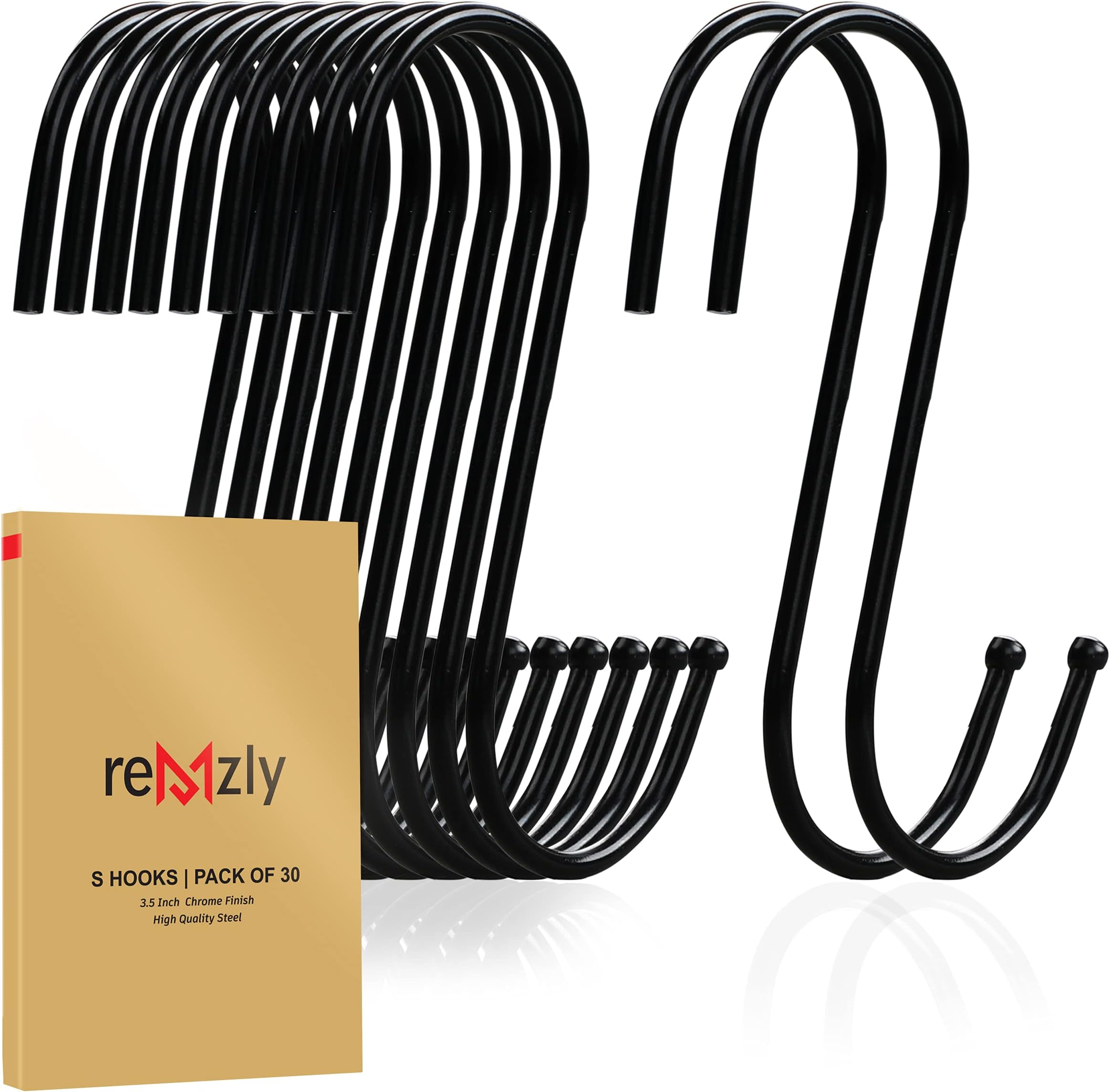 30 Pack Black S Hooks for Hanging 3.5 Inch Heavy Duty Durable Metal Hooks Carbon Steel S Shaped Large S Hooks for Hanging Jeans Kitchen Utensils Plants Pot Pan Cups Towels & Bags