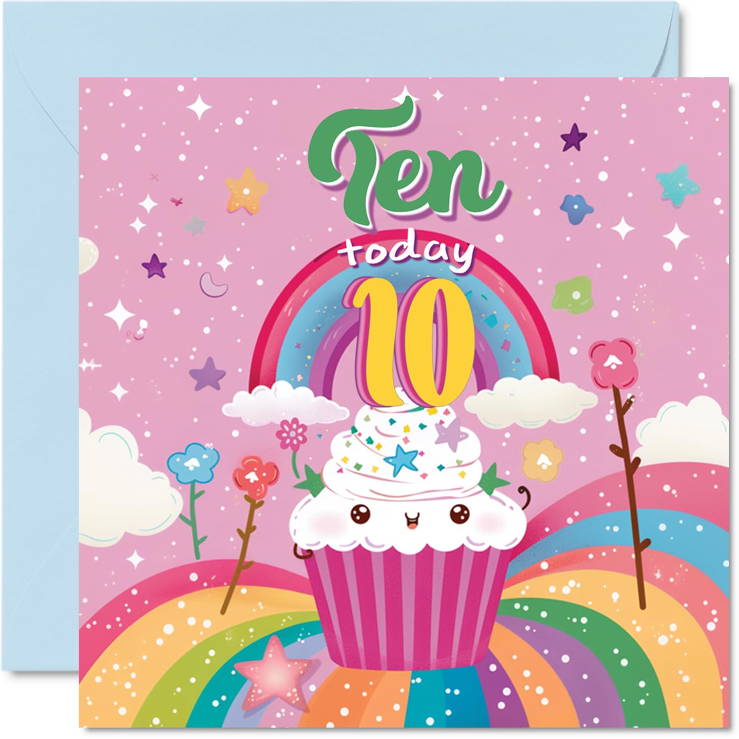 10th Birthday Card Girl - Cupcake Rainbow - Happy Birthday Card for 10 Year Old Girl, Age 10 Girls Cards, 145mm Bday Greeting