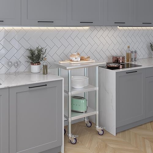 Miniatura 165 de AmGood Mesa de trabajo de acero inoxidable con 2 estantes y ruedas Mesa de trabajo de metal con ruedas