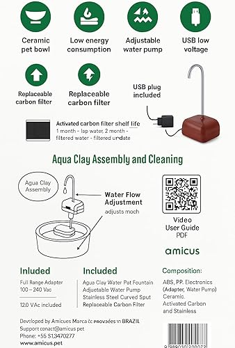 Miniatura 7 de AMICUS - Aqua Clay Basic - Fuente de agua para gatos - Dispensador automático de cuencos para perros, gatos, mascotas y animales pequeños - Cuencos
